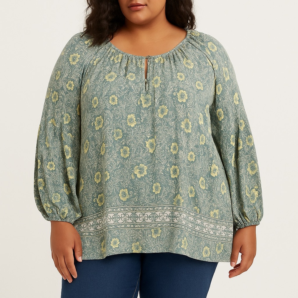 MARINA LUNA Floral Peasant Tunic Blouse Top Size 2X Bloomcore Lightweight Casual